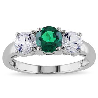 Miadora 10k White Gold Created Emerald and White Sapphire 3 stone Ring