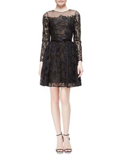 Marchesa Notte Long Sleeve Belted Lace Flare Dress