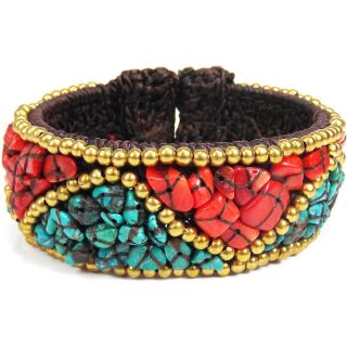 Brass and Cotton Triangle Pattern Turquoise and Coral Cuff (Thailand