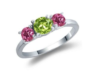 1.08 Ct Round Green Peridot Pink Tourmaline 14K White Gold 3 Stone Ring