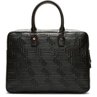Versace Black Leather Greek Key Quilted Briefcase