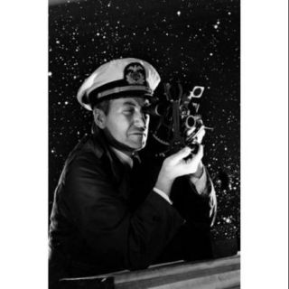 Sailor looking through navigational equipment against sky full of stairs Poster Print (18 x 24)