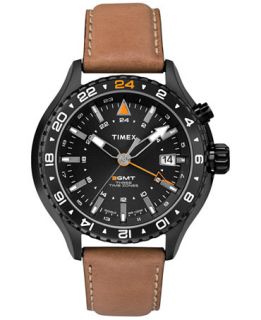 Timex Mens Intelligent Quartz 3 GMT Brown Leather Strap Watch 47mm