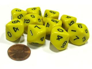 Set of 10 D10 10 Sided 16mm Opaque Dice   Yellow with Black Numbers