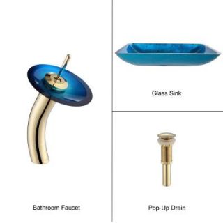 KRAUS Rectangular Glass Bathroom Sink in Irruption Blue with Single Hole 1 Handle Low Arc Waterfall Faucet in Gold C GVR 204 RE 10G