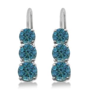 1/2ct 3 Stone Blue Diamond Earrings 14K White Gold