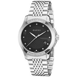 Gucci Mens G Timeless Stainless Steel Black Dial Diamond Watch