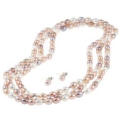 DaVonna Silver Multi Pink FW Pearl 64 inch Necklace and Earring Set (7
