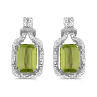14k White Gold Emerald cut Peridot And Diamond Earrings