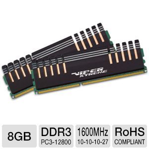 Patriot Viper Xtreme 8GB Desktop Module Kit   DDR3, 2 x 4GB, 1600MHz, PC3 12800, CL 10, 1.5V    PXD38G1600C10K