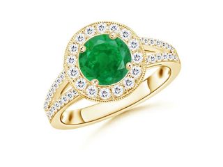 1.35ct. Round Emerald and Diamond Halo Split Shank Ring in 14K Yellow Gold