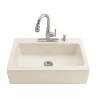 KOHLER Dickinson Tile In Apron Front Cast Iron 33 in. 4 Hole Single Bowl Kitchen Sink in Biscuit K 6546 4 96