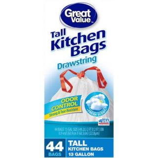 Great Value Fresh Scent Odor Control Drawstring Tall Kitchen Bags, 13 gal, 44 count