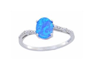 8x6mm Blue Opal & Diamond Oval Ring .925 Sterling Silver Rhodium Finish