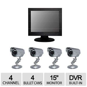 First Alert 4CH/4CAM 15 LCD Monitor w/ Built in DVR   500GB HDD, 4x Channels, 4x Bullet Cameras, H.264, 1024 x 768, 420TVL, Indoor/Outdoor, Night Vision up to 50Ft   1501