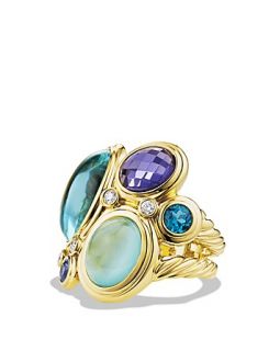 David Yurman Mosaic Ring with Blue Topaz, Milky Aquamarine, and Diamonds in Gold