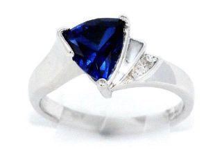 1.5 Ct Created Blue Sapphire & Diamond Trillion Ring .925 Sterling Silver Rho