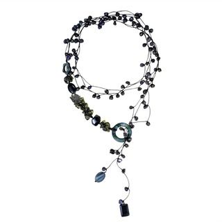 Cotton Black Pearl/ Onyx/ Mother of Pearl Necklace (3 6 mm) (Thailand