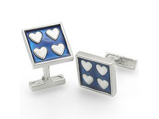 Blue Enamel(Epoxy)Rhodium Plated Brass Square Cufflinks with Silver Tone Hearts