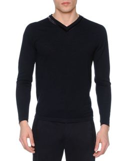 Giorgio Armani Velvet Trimmed Pique Sweater, Navy