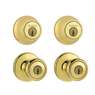 Kwikset Tylo Polished Brass Exterior Entry Knob and Single Cylinder Deadbolt Project Pack 242T 3 CP