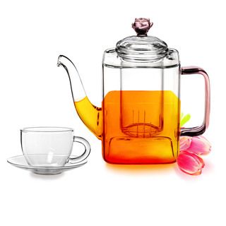 Tea Beyond Hand Crafted Glass 17 ounce Romeo Teapot and 2 Tea Cups