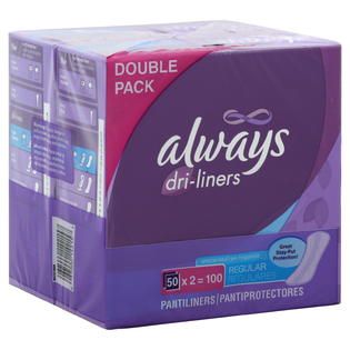 Always Dri Liners Pantiliners, Regular, Unscented, Double Pack, 100
