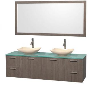 Wyndham Collection Amare 72 in. Double Vanity in Gray Oak with Glass Vanity Top in Green, Marble Sinks and 70 in. Mirror WCR410072DGOGGGS5M70