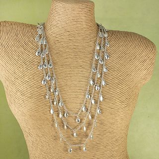 Handcrafted Three Strand HammeredSilvertone Nuggets Necklace (India)