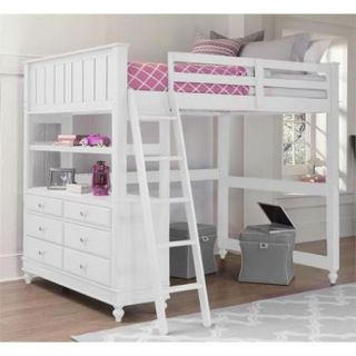 NE Kids Lake House Full Loft Bed with Hanging Shelf in White