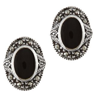 Glitzy Rocks Sterling Silver Marcasite And Onyx Oval Stud Earrings