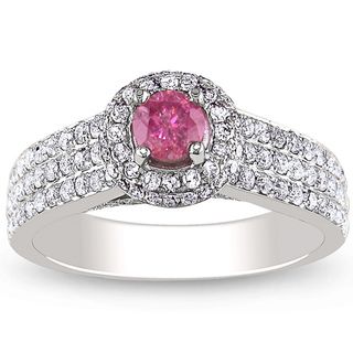 Miadora 14k White Gold 1ct TDW Pink and White Diamond Halo Ring (H I