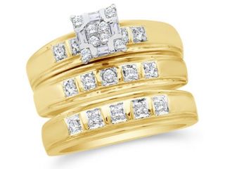 10K Two Tone Gold Diamond Trio Three Ring Engagement & Wedding Set   Square Princess Shape Center Setting w/ Round & Baguette Diamonds   (1/3 cttw, G H, SI2)   SEE "OVERVIEW" TO CHOOSE BOTH SIZES