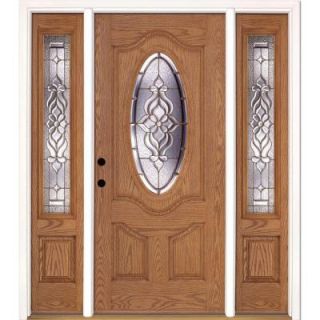 Feather River Doors 67.5 in. x 81.625 in. Lakewood Brass 3/4 Oval Lite Stained Light Oak Fiberglass Prehung Front Door with Sidelites 721391 3B3