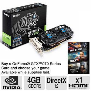 MSI GeForce GTX 970 4GD5T Video Card   4GB GDDR5, DirectX 12, HDMI, Dual Fans