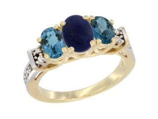 14K Yellow Gold Natural Lapis & London Blue Ring 3 Stone Oval Diamond Accent
