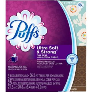 Puffs Ultra Soft & Strong Non Lotion White Facial Tissues, 56 sheets, 4 count
