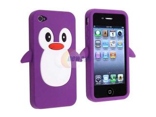 Insten Penguin Purple Rubber Case Cover+6pc Animal Home Button Sticker For iPhone 4 4S