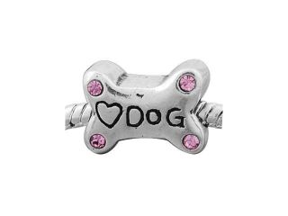 Antique Silver Pandora Style Pink Rhinestone Dog Bone Charm Bead
