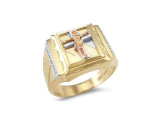 14k New Three Color Gold Mens Large Cross Crucifix Ring