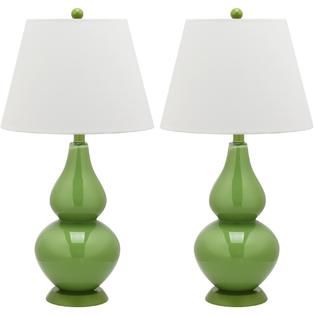 Safavieh  26 Green Glass Metal Table Lamp  Cream Hardback Linen Shade