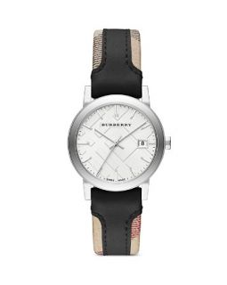 Burberry Leather & Check Strap Watch, 34mm
