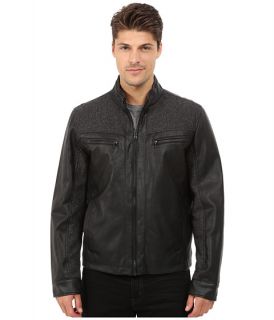 Kenneth Cole New York Mixed Media Faux Leather and Quilted Nylon Bomber Black