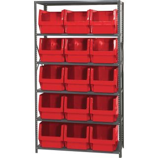 Quantum Storage Complete Shelving System with Large Parts Bins   — 18in. x 42in. x 75in. Unit Size, Red  Single Side Bin Units