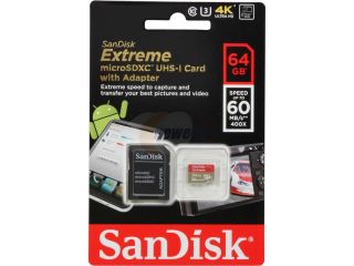 SanDisk Extreme 64GB microSDXC Flash Card with adapter – Global Model SDSDQXN 064G G46A