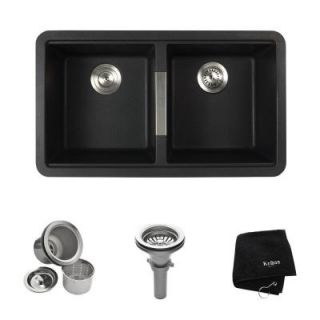 KRAUS All in One Undermount Granite 32.4 in. 0 Hole 50/50 Double Bowl Kitchen Sink in Black Onyx KGU 434B