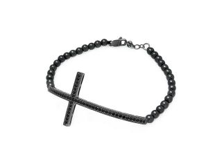 Women's Sterling Silver 925 Pearl Cubic Zirconia CZ Sideway Cross Religious Bead Chain Bracelet 7" 567 bgb00123