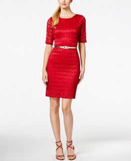 Connected Petite Belted Lace Sheath Dress   Dresses   Women