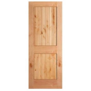 Masonite 30 in. x 84 in. Knotty Alder Veneer 2 Panel Plank V Groove Solid Wood Interior Barn Door Slab 82000