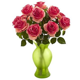 Nearly Natural 1351 DP Roses with Colored Glass Vase, Dark Pink